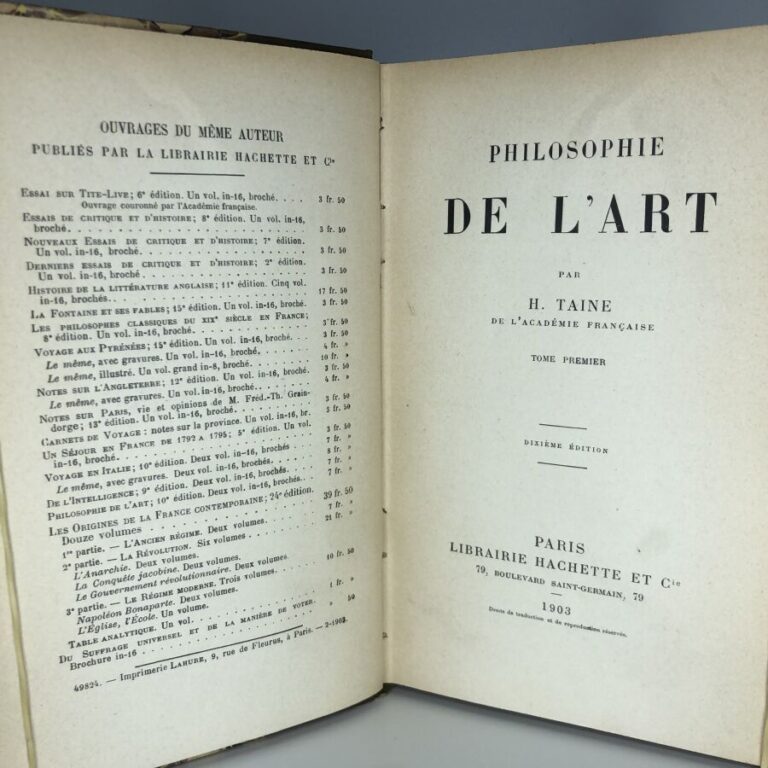 TAINE H. - Philosophie de l'art. Édité à Paris chez Hachette & Cie en 1903. De…