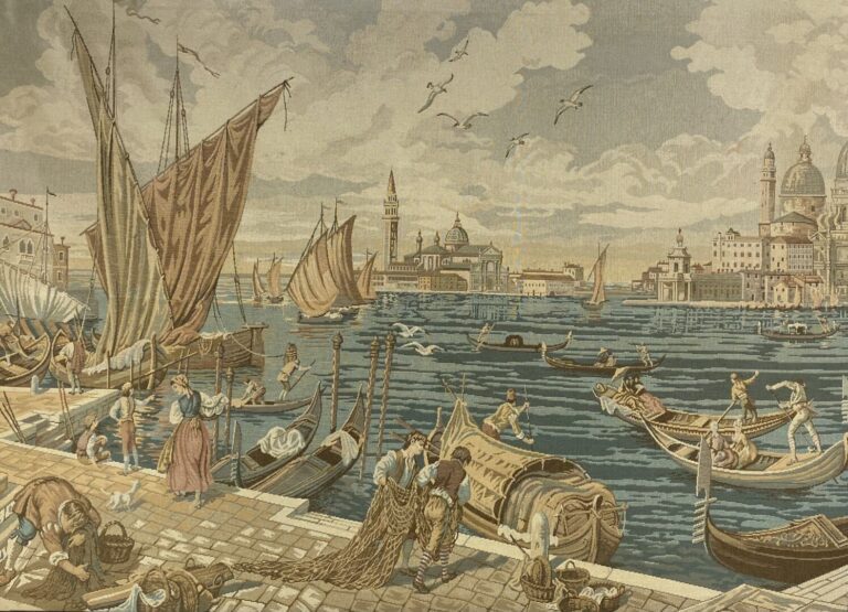 Tapisserie représentant une scène animée sur les quais à Venise - 136 x 185 cm…