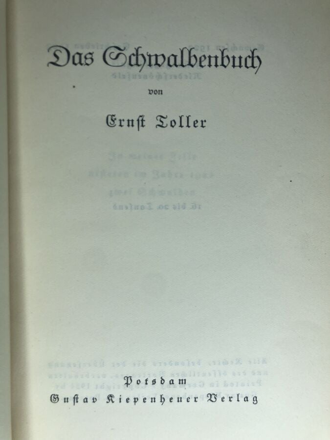 TOLLER (Ernst). - Das Schwalbenbuch. Édité à Potsdam chez G. Kiepenheuer en 192…