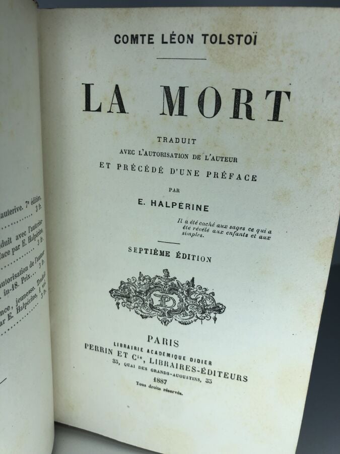 TOLSTOI (Léon Comte). - La mort. Édité à Paris chez Perrin & Cie en 1887. De fo…