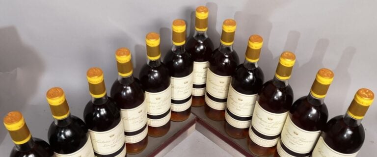 12 bouteilles Château YQUEM - 1er Gcc Sauternes 1989 Caisse bois ouverte. Nivea…