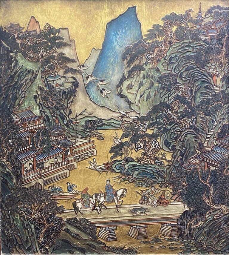 Chine, Coromandel - Ecran en bois laqué dite de Coromandel à décor d'un riche p…