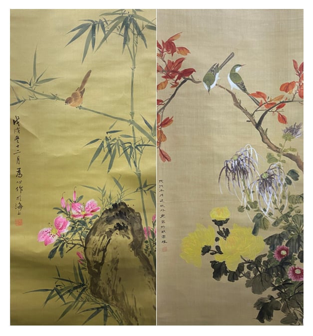 Chine - Couple d'oiseau branchés parmi les fleurs et Moineau sur une branchage…