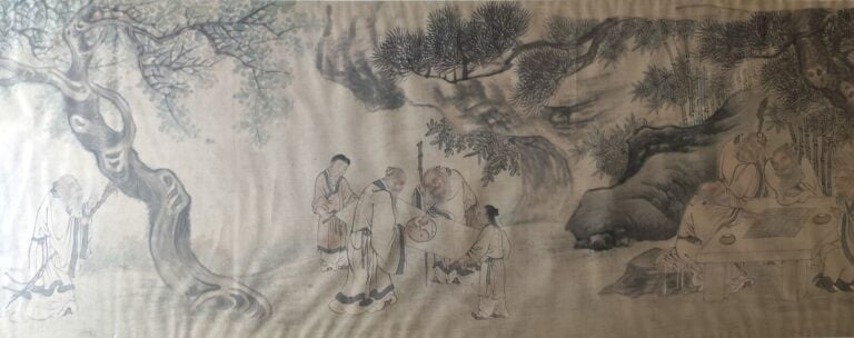 CHINE - Fin XIXe siècle - Encre polychrome sur soie, neuf sages dans une forêt,…