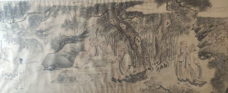 CHINE - Fin XIXe siècle - Encre polychrome sur soie, neuf sages dans une forêt,…