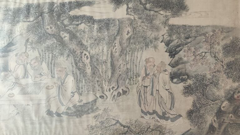 CHINE - Fin XIXe siècle - Encre polychrome sur soie, neuf sages dans une forêt,…