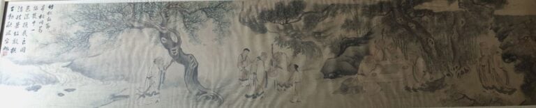 CHINE - Fin XIXe siècle - Encre polychrome sur soie, neuf sages dans une forêt,…