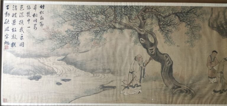 CHINE - Fin XIXe siècle - Encre polychrome sur soie, neuf sages dans une forêt,…