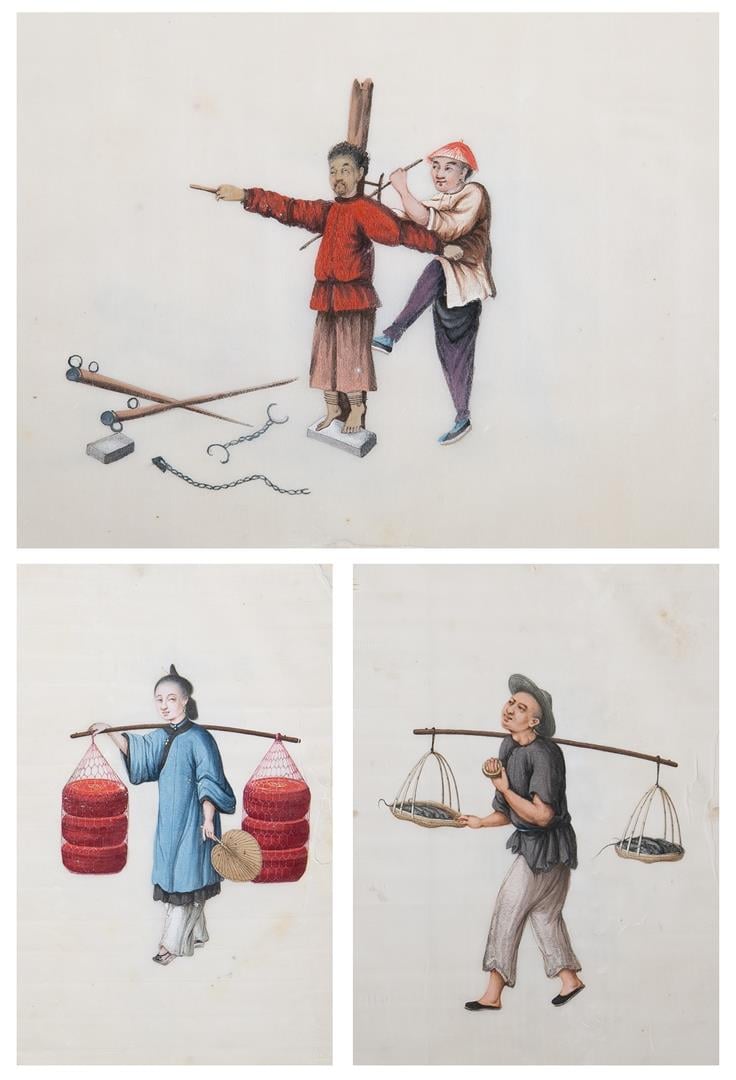 Chine, Fin XIXe siècle - Ensemble de dix-neuf aquarelles, douze représentant de…