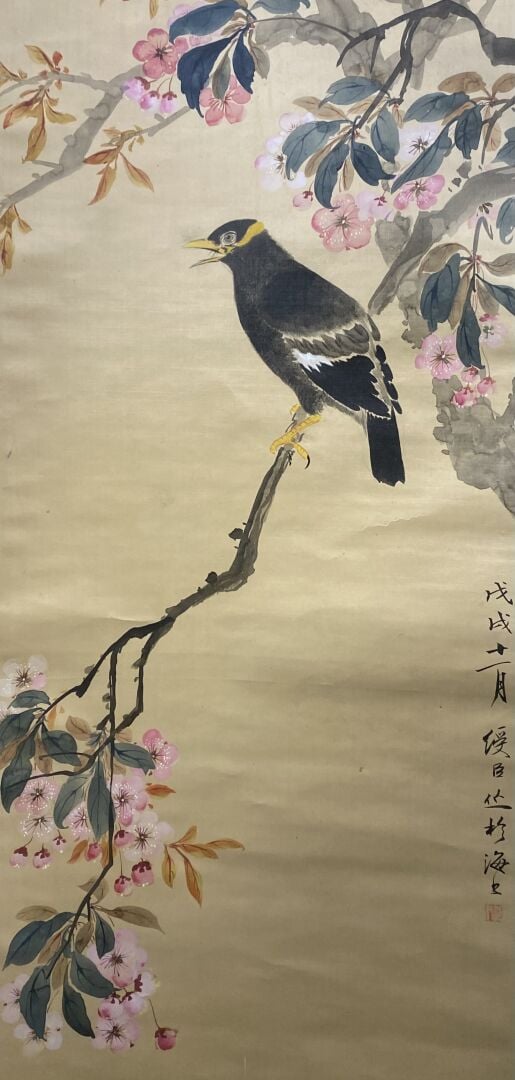 Chine - Oiseau parmi les branchages fleuris - Deux peintures sur soie - Cachet…