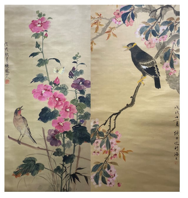 Chine - Oiseau parmi les branchages fleuris - Deux peintures sur soie - Cachet…