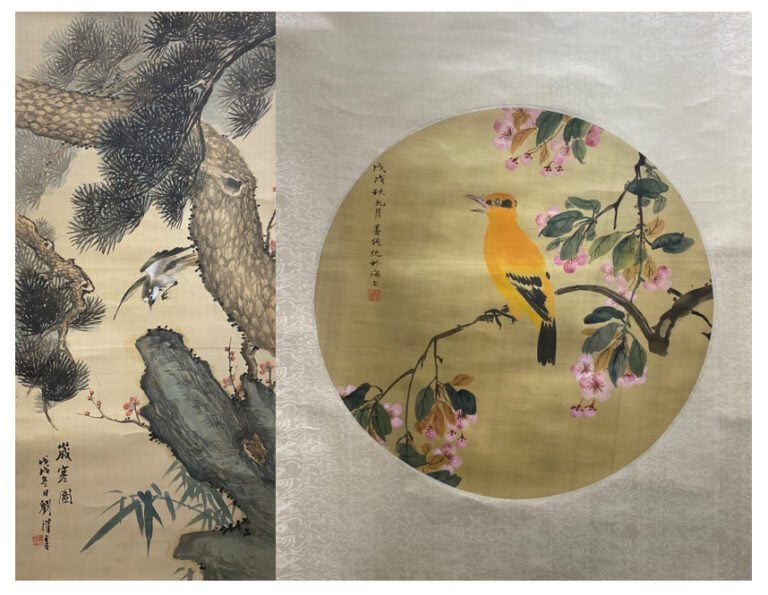 Chine - Oiseau parmi les branchages fleuris et oiseau parmi les pins et rocher…