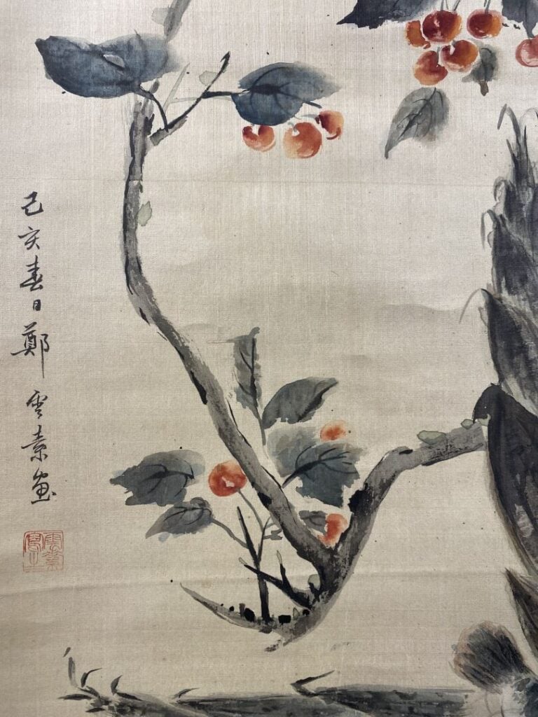Chine - Poissons parmi les branches fleuries - Cachet et signature - 84 x 38 cm…
