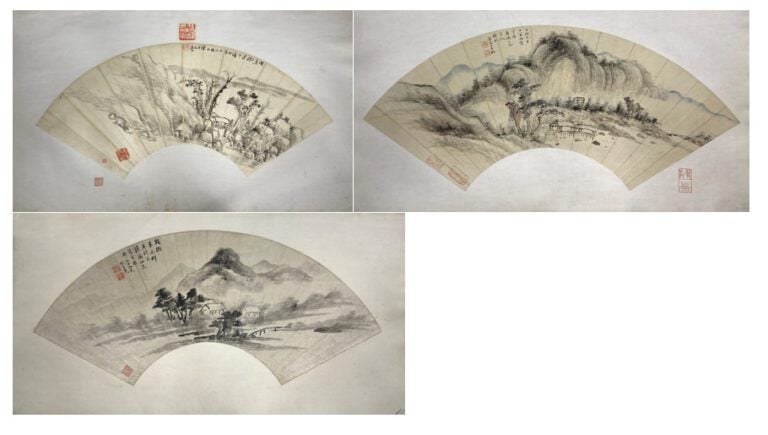 Chine - Trois projets d'éventails: pavillons au pieds d'une montagne, porte la…