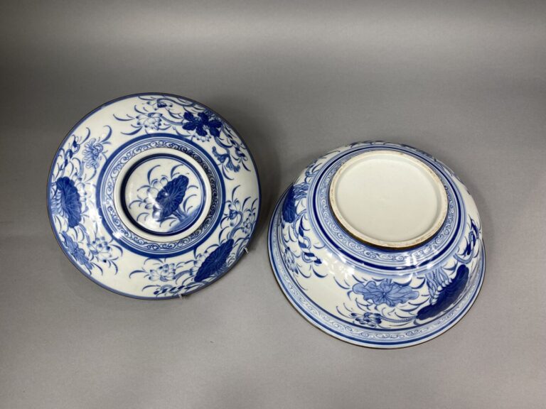 Chine / Vietnam - Grand bol couvert en porcelaine émaillée bleu blanc à décor d…