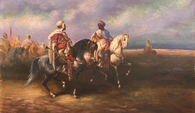 Ecole du XXe siècle - Hommes armés à cheval, Fantasia - Huile sur toile - Signé…