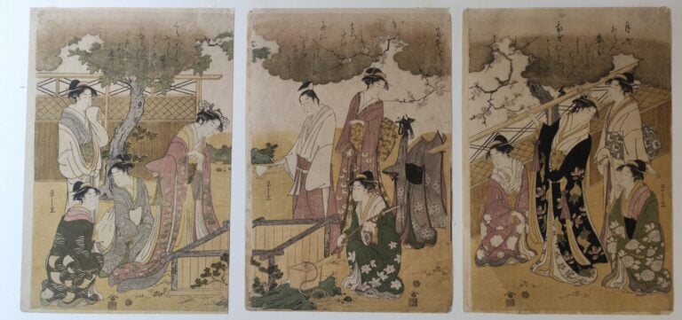 Hosoda Eishi (1756-1829): Triptyque oban tate-e, parodie du conte Tsutsui Izuts…