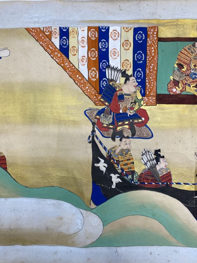 JAPON - Milieu Epoque EDO (1603 - 1868) - Rouleau e-maki, encre, couleurs et or…