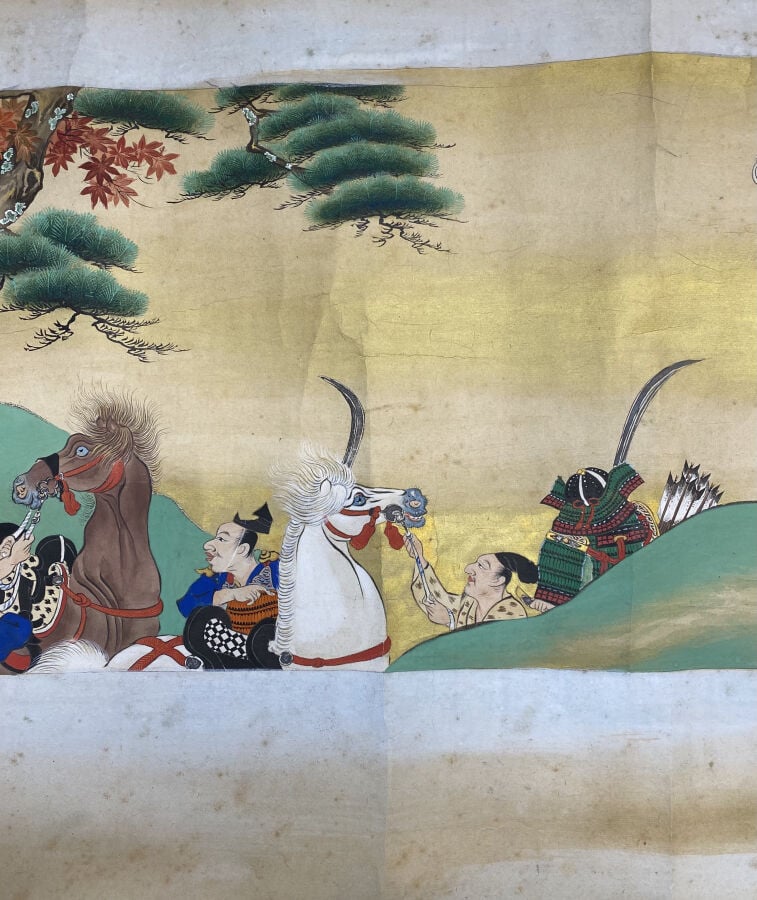 JAPON - Milieu Epoque EDO (1603 - 1868) - Rouleau e-maki, encre, couleurs et or…