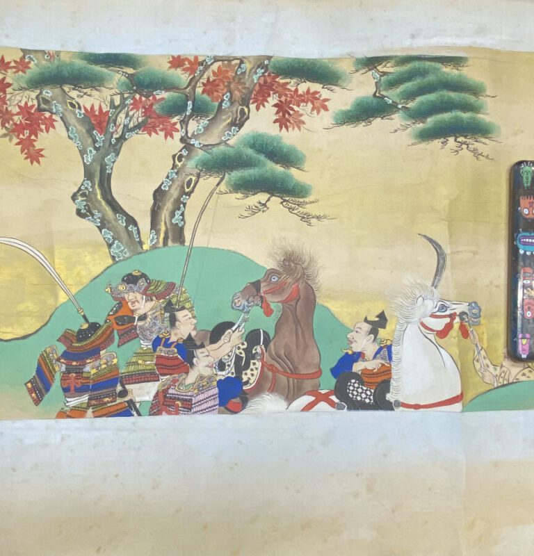 JAPON - Milieu Epoque EDO (1603 - 1868) - Rouleau e-maki, encre, couleurs et or…