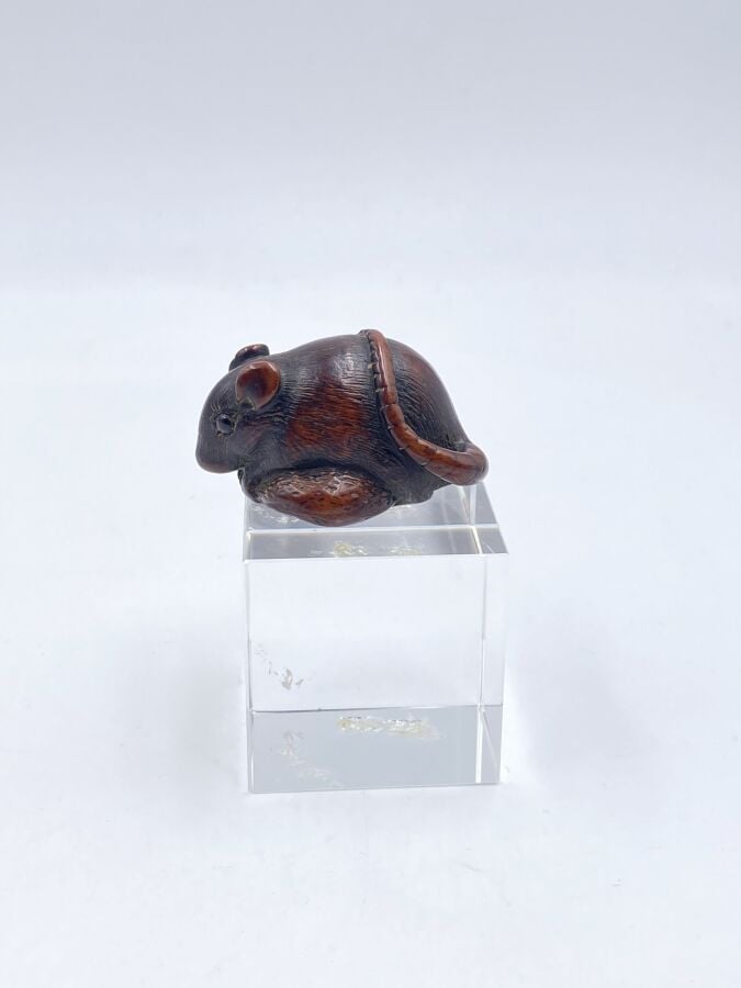 JAPON - XIXe siècle - Netsuke en bois, rat posé sur une châtaigne, la queue rep…
