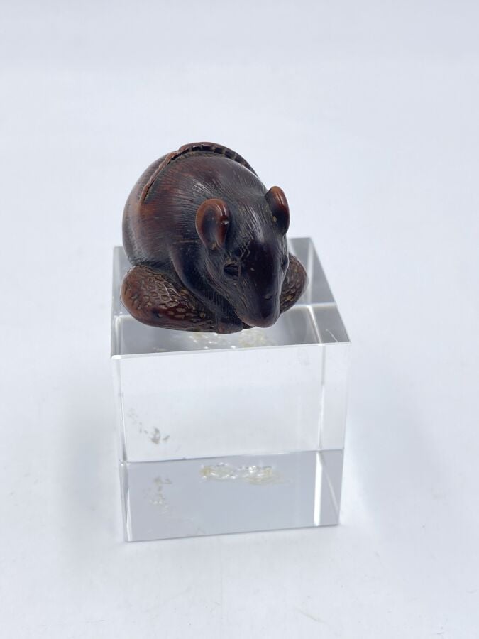 JAPON - XIXe siècle - Netsuke en bois, rat posé sur une châtaigne, la queue rep…