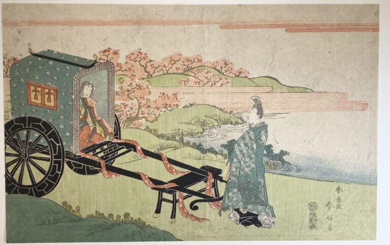 Katsukawa Shunsen (act.1805-1821) - Long surimono, femme dans un char près d'un…