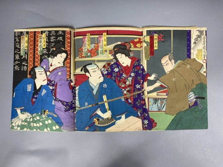 KUNICHIKA ET KUNIMASA - Trois triptyques oban tate-e, portraits d'acteurs de ka…