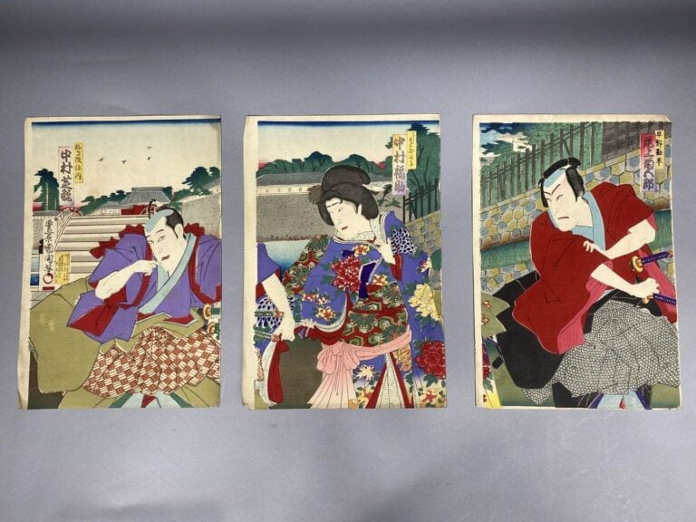 KUNICHIKA ET KUNIMASA - Trois triptyques oban tate-e, portraits d'acteurs de ka…