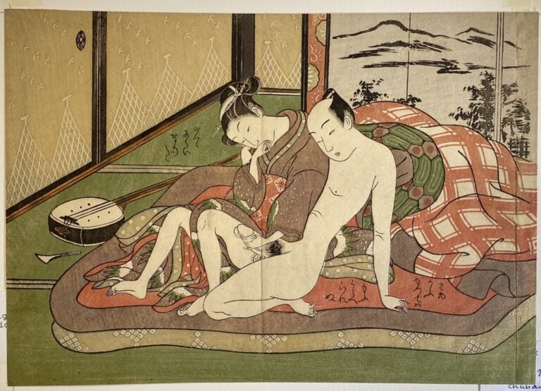 Suzuki Harunobu (1725-1770) - Chuban yoko-e, couple s'ébattant près d'un shamis…