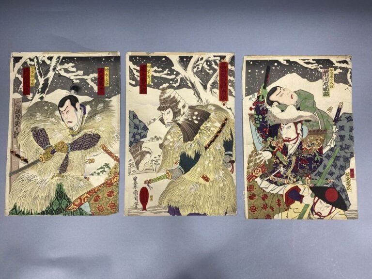 TOYOHARA KUNICHIKA - Deux triptyques oban tate-e, acteurs sous les cerisiers en…