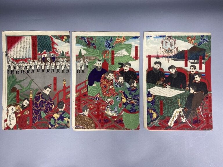 TOYOOSAI AYAAKI (actif vers 1880-86) - Triptyque oban tate-e, représentant le m…