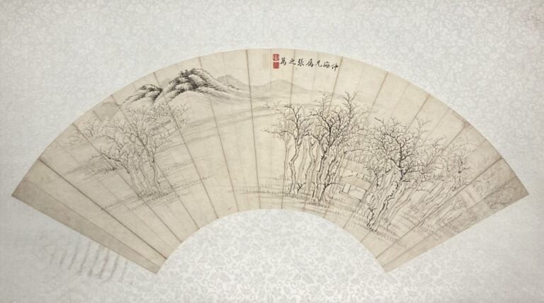 Trois projets d'éventails: pavillon dans un paysage hivernal signé Zhang Zhiwan…