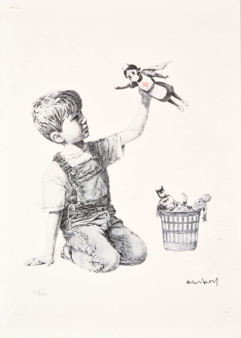 BANKSY, d'après - Jeux d'enfants, Batman et Spiderman - Lithographie, signée en…