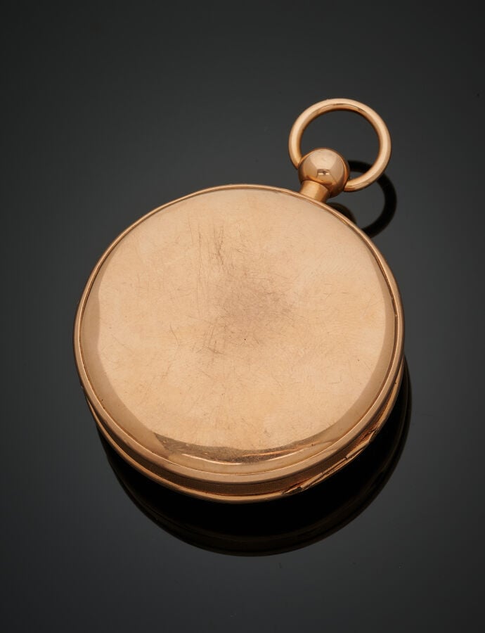 BREGUET - MONTRE de POCHE en or rose (750‰) uni. Carrure guillochée, cadran éma…