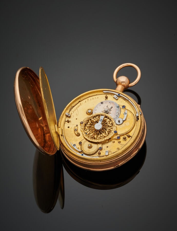 BREGUET - MONTRE de POCHE en or rose (750‰) uni. Carrure guillochée, cadran éma…