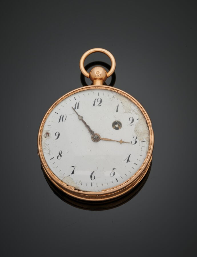 BREGUET - MONTRE de POCHE en or rose (750‰) uni. Carrure guillochée, cadran éma…