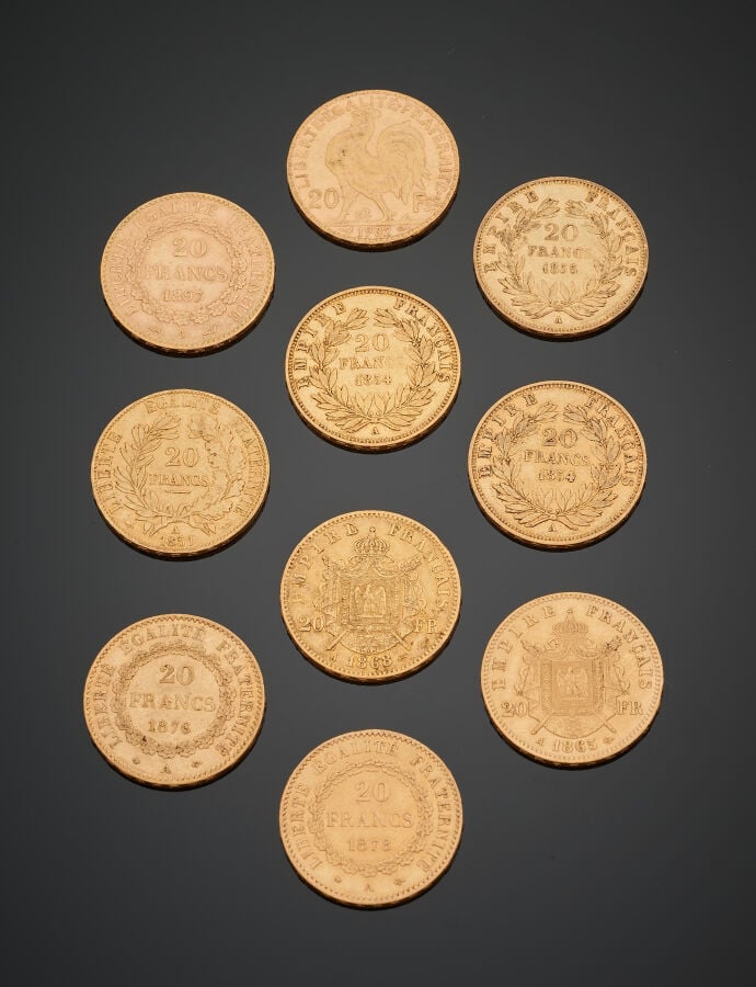 DIX PIECES en or jaune (900‰) comprenant : - - cinq 20 Francs français « Napolé…