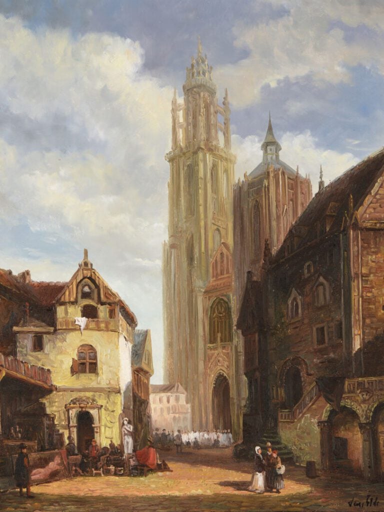 Ecole hollandaise de la fin du XIXe siècle - Vue de la cathédrale d'Anvers - Hu…