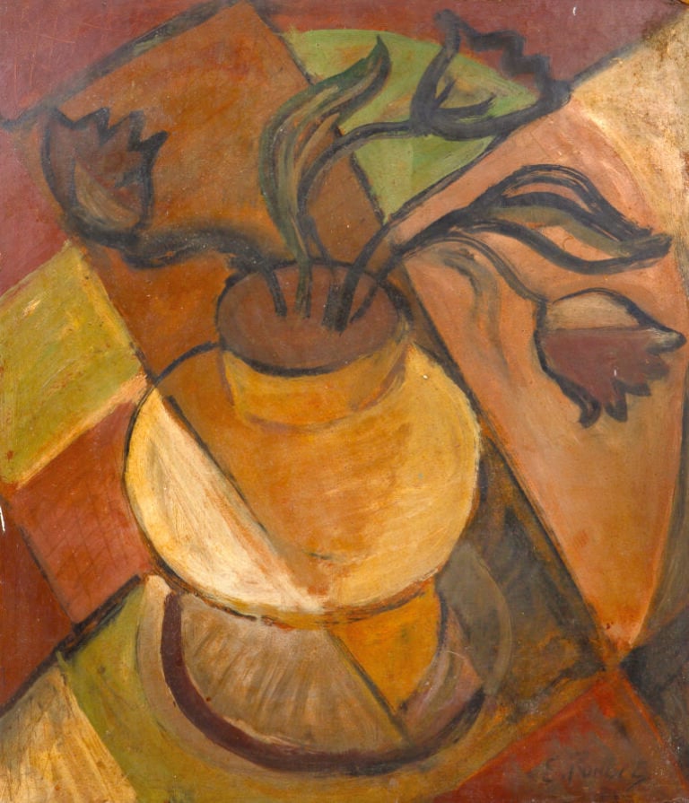 ELISABETH RONGET (1899-1980) - Bouquet de fleurs cubisant - Huile sur isorel, s…