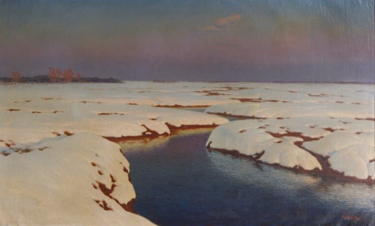 JAN GRUBINSKI - (1874-1945) - Paysage de neige - Huile sur toile, signée en bas…