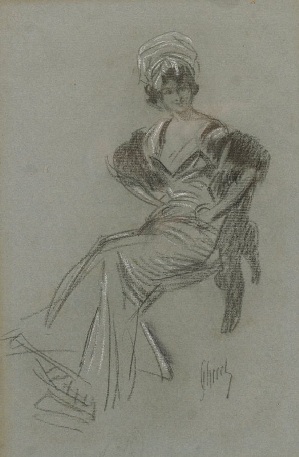 JULES CHÉRET (1836-1932) - Élegante assise - Fusain et rehauts de blanc sur - p…