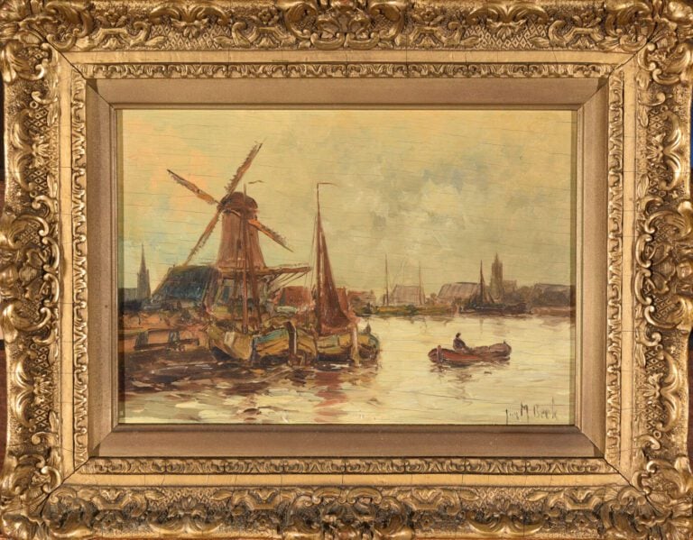 Juriaen Marinus VAN BEEK (1879-1965) - Vue de port avec moulin en arrière-plan…