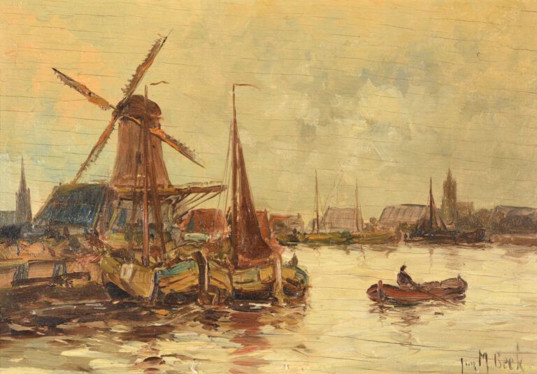 Juriaen Marinus VAN BEEK (1879-1965) - Vue de port avec moulin en arrière-plan…