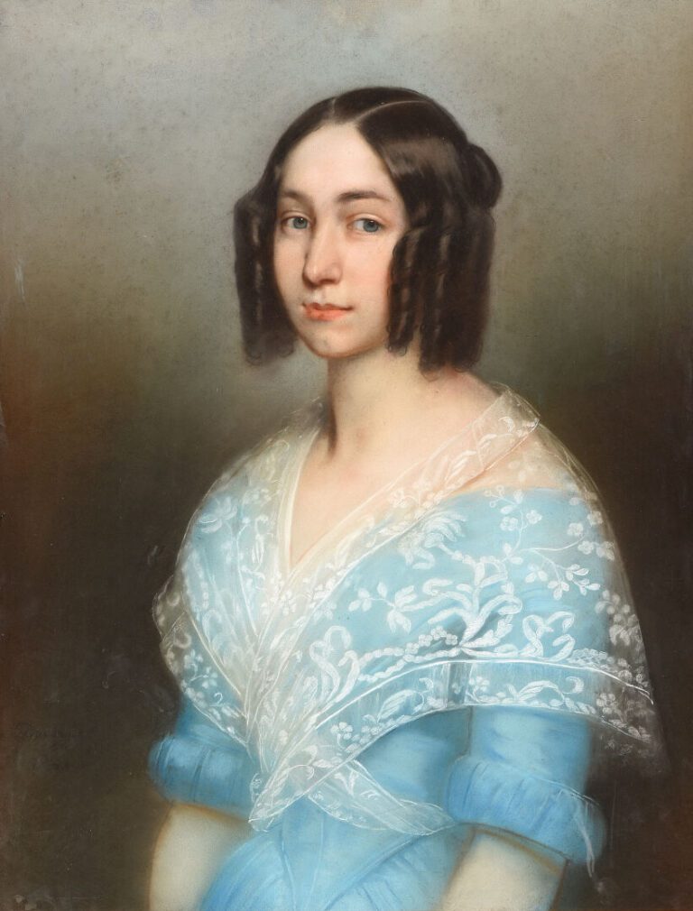Théophile-Emmanuel DUVERGER (1821-1901) - Portrait de jeune femme à la robe ble…