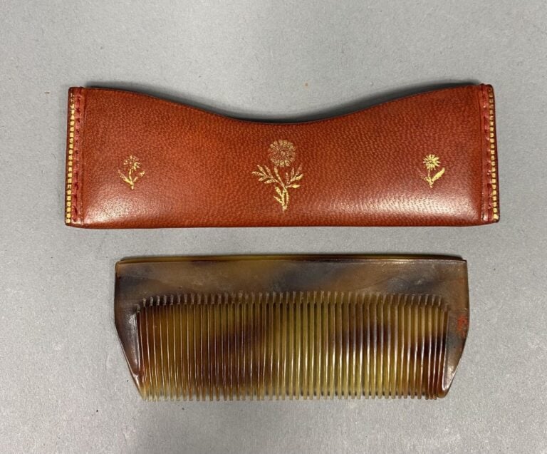 Christian DIOR - Étui pour peigne en cuir rouge à décor de fleurs doré, peigne…