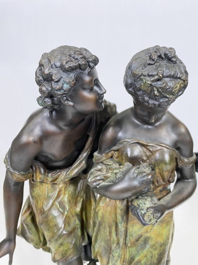 D'après Ernest DUBOIS - Grand groupe en bronze patiné et polychromé à décor d'u…