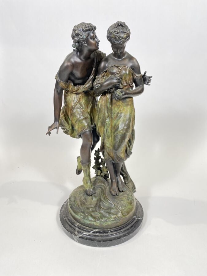 D'après Ernest DUBOIS - Grand groupe en bronze patiné et polychromé à décor d'u…