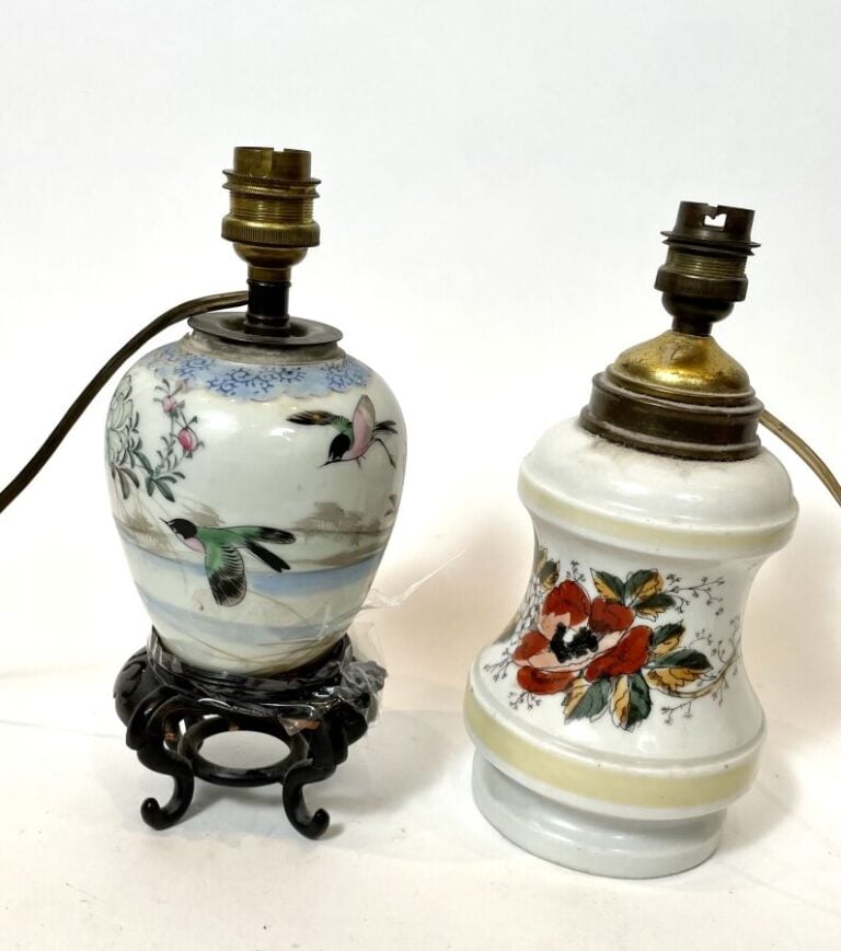 deux LAMPES en porcelaine émaillée à décor de fleurs ou d'oiseaux
