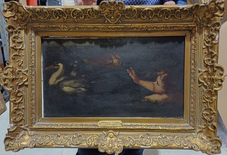 Ecole italienne - Amour, cygne et canard - Huile sur toile - Porte un cartouche…